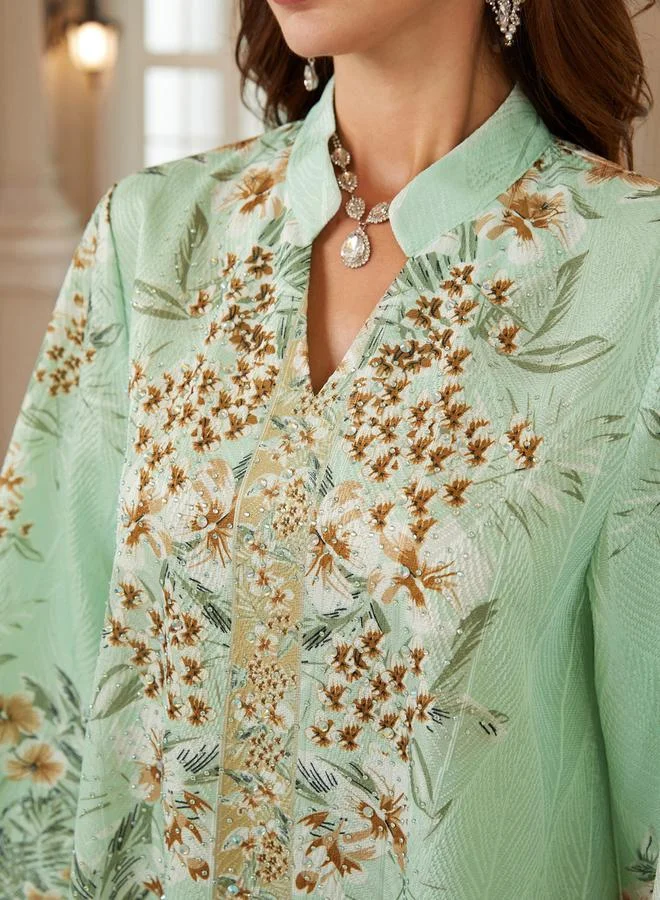 تايك تو جلابية بياقة ونسيج بارز وطبعة زهور